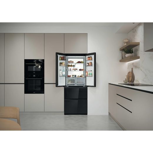 Haier Space Fit American Fridge Freezer - Obsidian Black - Fridge freezer in kitchen with doors open